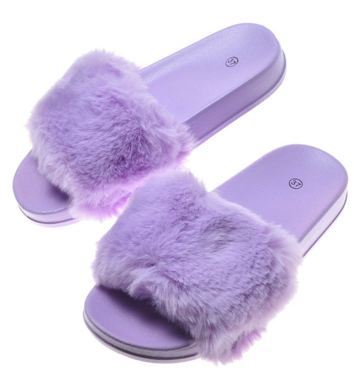 Wygodne damskie klapki z futerkiem Fioletowe /E2-2 7139 S193/