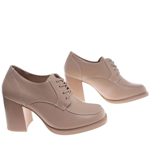 Sznurowane beżowe czółenka na słupku /C7-3 18667 T359/