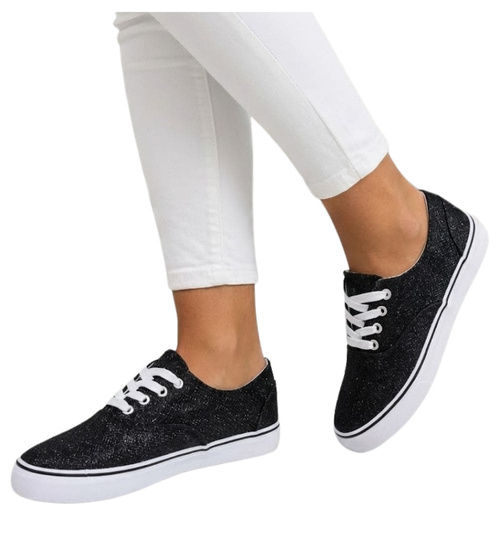 Sznurowane czarne trampki damskie /F9-3 17226 G8-6/