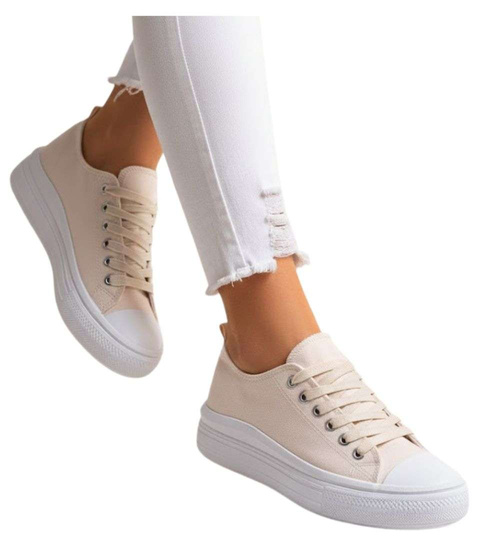 Beżowe materiałowe trampki na platformie /G8-2 14368 S294/