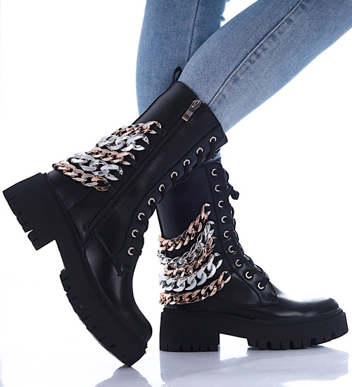 Sznurowane czarne glany trapery na platformie /E9-1 17022 T217/