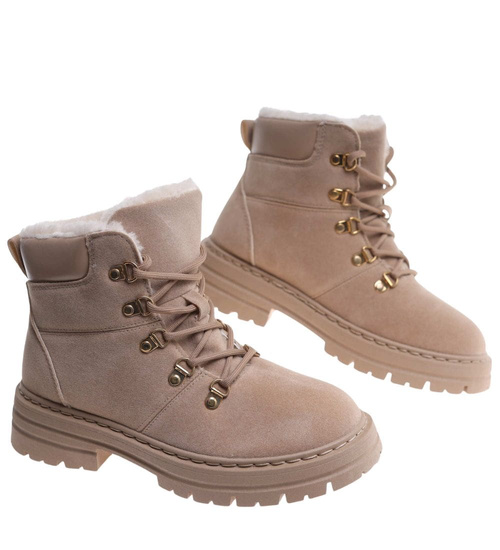Zimowe botki trapery z futerkiem Beżowe /C4-1 18424 T347/