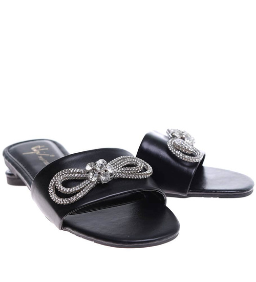 Czarne płaskie klapki damskie z kokardą /B6-2 16165 T139/