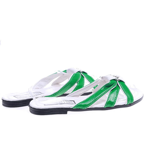 Klapki damskie na płaskim obcasie biało zielone /H2 14343 T005/