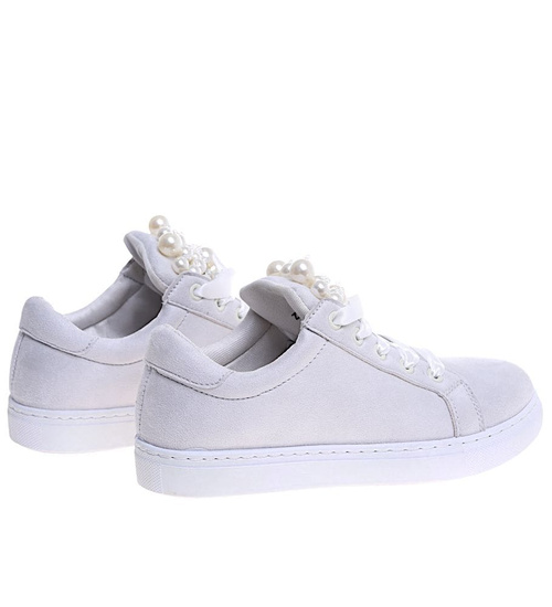 Sznurowane szare trampki damskie z perełkami /F6-3 15952 T185/