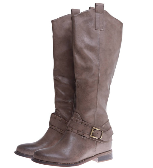 Ocieplane kozaki damskie na niskim koturnie Khaki /C5-2 15268 T522/