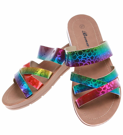 Tęczowe klapki damskie na płaskim obcasie /C4-1 16488 T130/
