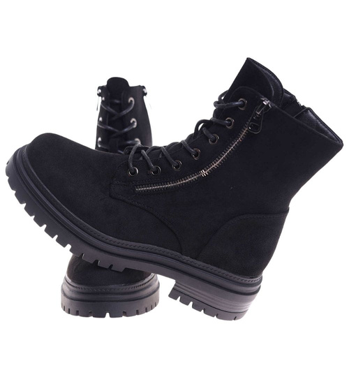 Czarne sznurowane botki trapery zamszowe /G8-3 18503 T444/