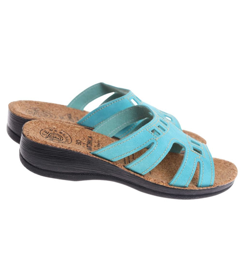 Turkusowe klapki na niskim obcasie /H2 14310 T005/