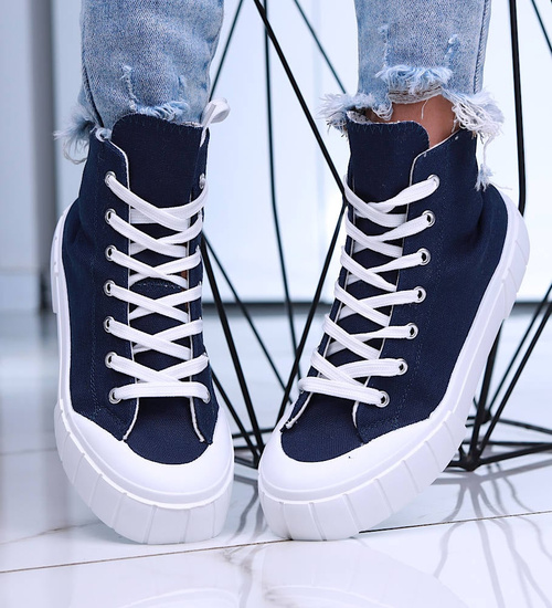 Granatowe wysokie trampki damskie z tkaniny /B3-3 15959  G157/