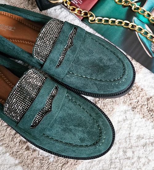 Zielone zamszowe półbuty loafersy na niskim obcasie /D9-2 15484 T386/