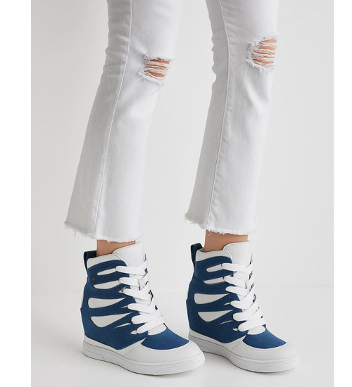 Sznurowane biało niebieskie trampki sneakersy koturnie /C4-3 18048 T284/
