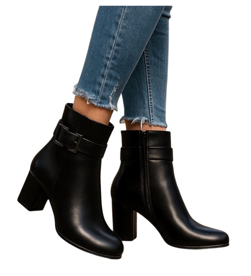 Czarne botki damskie na obcasie słupku /C2-2 18443 W222/