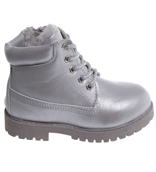 Zimowe dziewczęce botki trapery sznurowane Srebrne /E6-1 18533 T284/