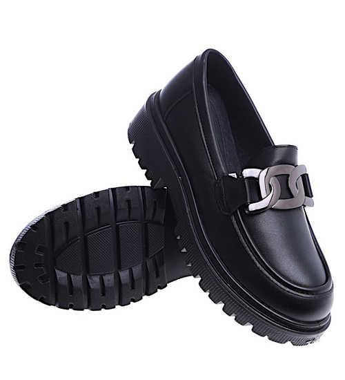 Czarne półbuty loafersy na niskiej platfomie /G2-2 14879A T485/