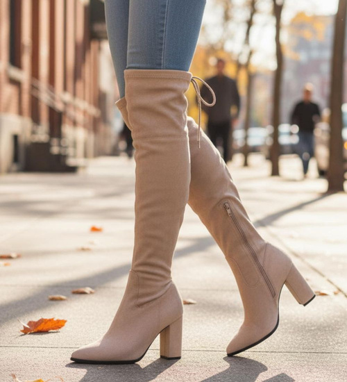 Beżowe wysokie kozaki muszkieterki na obcasie /A4-3 18383 W484/