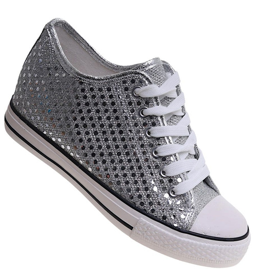 Wiązane srebrne trampki na koturnie /A10-2 16548 G8-61/