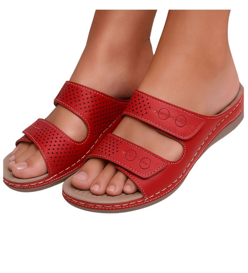 Czerwone klapki damskie na rzepy /B2-2 17859 T286/