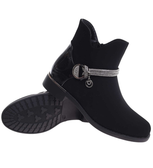 Czarne botki damskie ocieplane z ozdobą /F2-2 18417 W4/