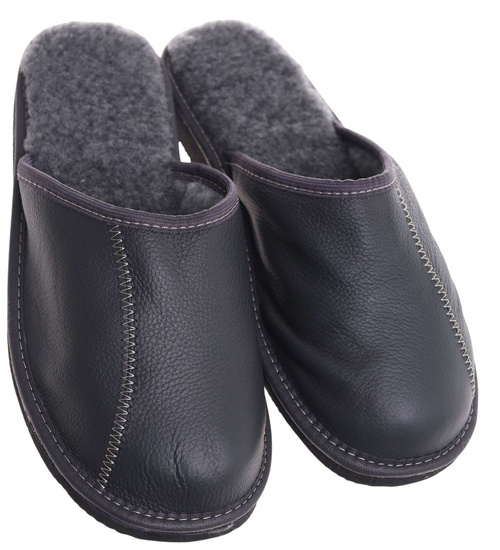 Skórzane kapcie męskie z wełną Szare /D8-1 18467 S197/
