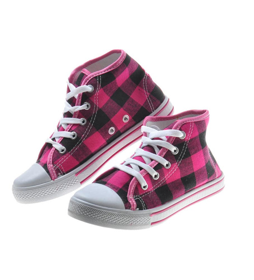 Wysokie damskie trampki z tkaniny w kratkę FUKSJA /F 9-2 7629 S097/