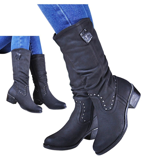 Czarne zamszowe kozaki damskie z ociepleniem /H2 10352 T293/