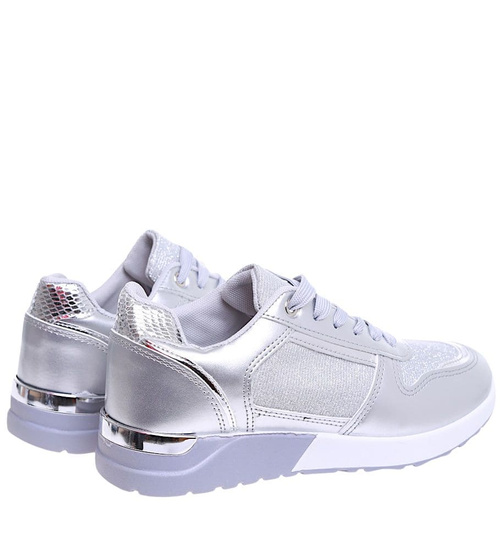 Wiązane srebrne buty sportowe damskie /F4-2 16077 G283/