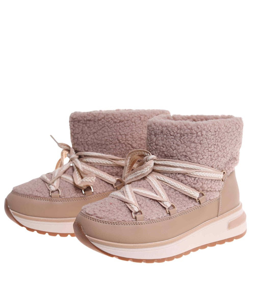 Zimowe botki śniegowce z futerkiem Khaki /F6-2 18538 W341/