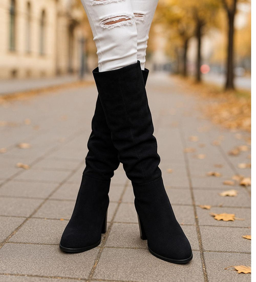 Czarne klasyczne kozaki na słupku do kolan /F2-2 18332 W582/