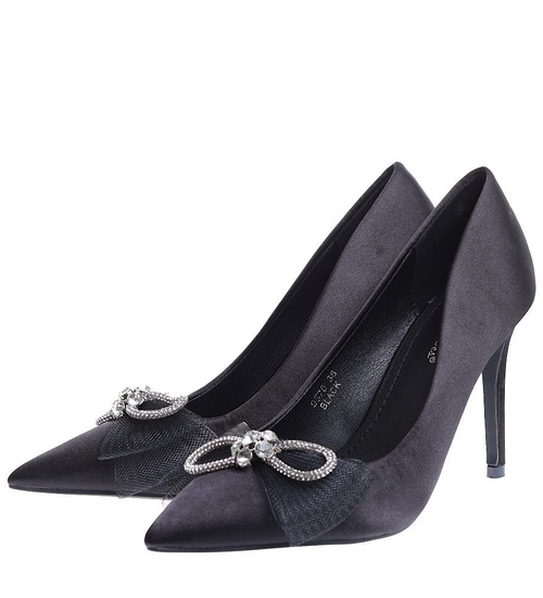 Czarne atłasowe szpilki damskie z kokardą /E1-3 15417  T291/