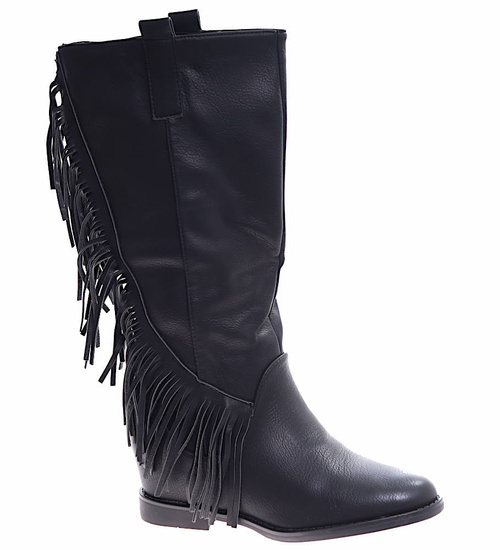 Czarne kozaki z frędzlami na niskim koturnie wsuwane /H2 14903 G285/