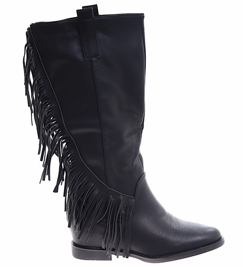 Czarne kozaki z frędzlami na niskim koturnie wsuwane /H2 14903 G285/