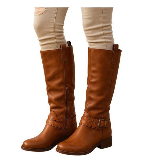 Ocieplane karmelowe kozaki damskie na niskim koturnie /i6-3 H2 18426 T386/