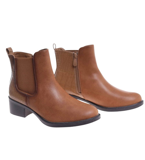 Karmelowe botki sztyblety na płaskim obcasie /K3-2 18508 W233/