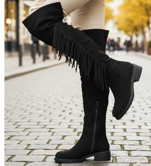 Wysokie czarne kozaki muszkieterki z frędzlami /J6-3 18583 G599/