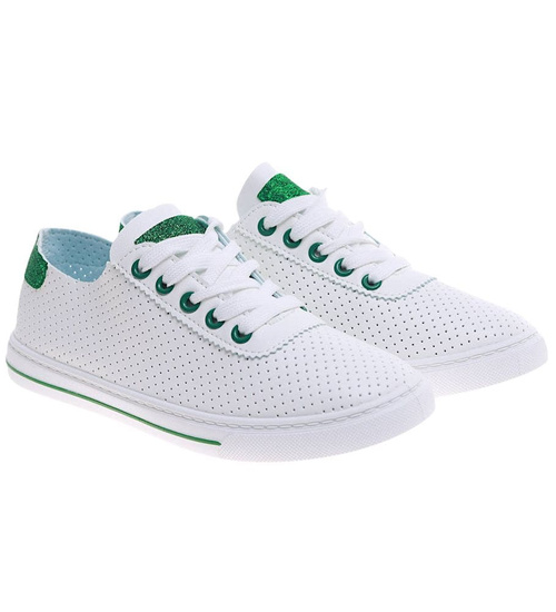 Ażurowe sznurowane biało zielone tenisówki damskie /E9-2 16242 G282/