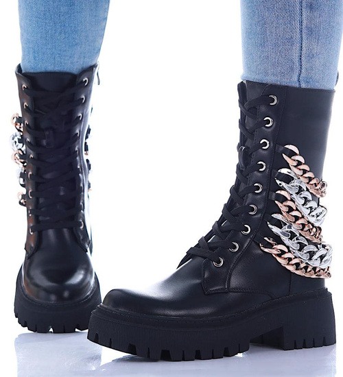 Sznurowane czarne glany trapery na platformie /E9-1 17022 T217/