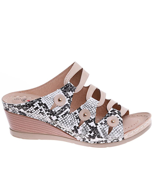 Beżowe klapki damskie na koturnie /D9-3 16144 S235/