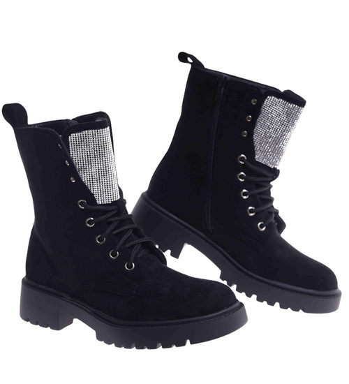 Zimowe botki trapery czarne z cyrkoniami /B2-1 18559 W440/