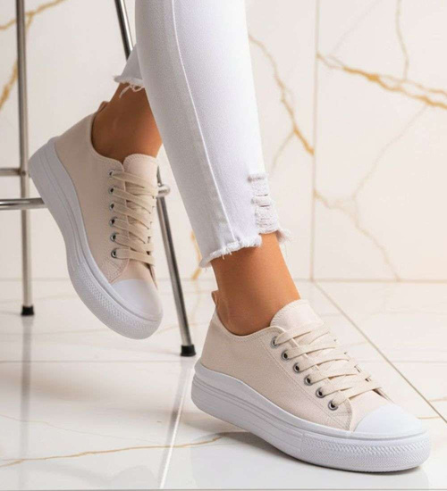 Beżowe materiałowe trampki na platformie /G8-2 14368 S294/