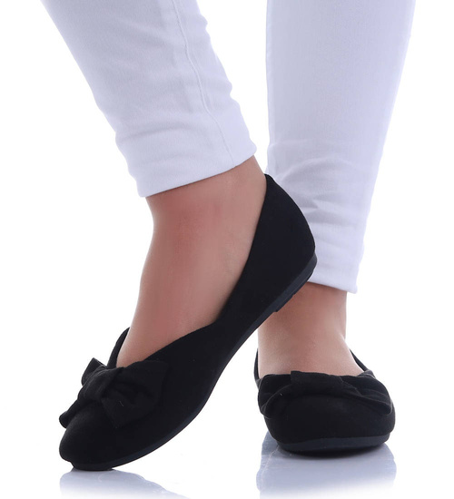 Zamszowe czarne baleriny damskie z kokardą /F2-2 17671 G132 +H2/