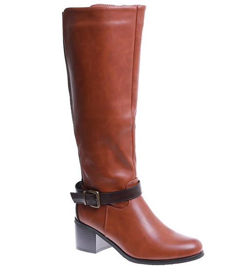 Karmelowe kozaki damskie na obcasie klocku /G6-1 15421 T430/