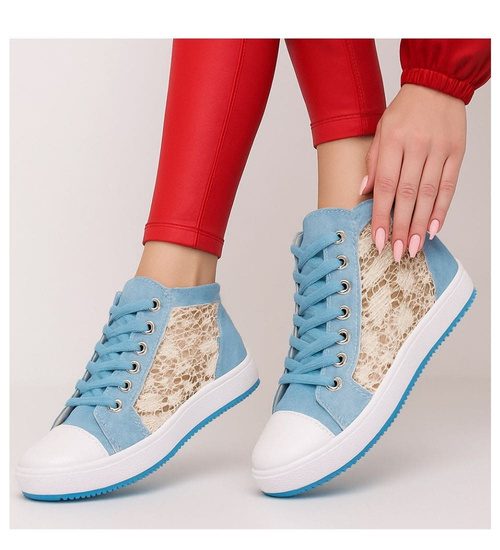 Sznurowane ażurowe trampki damskie Niebieskie /A1-3 13311 S190/