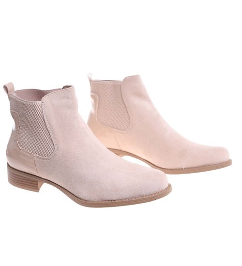 Beżowe botki damskie na płaskim obcasie wsuwane /L3-2 18507 W232/