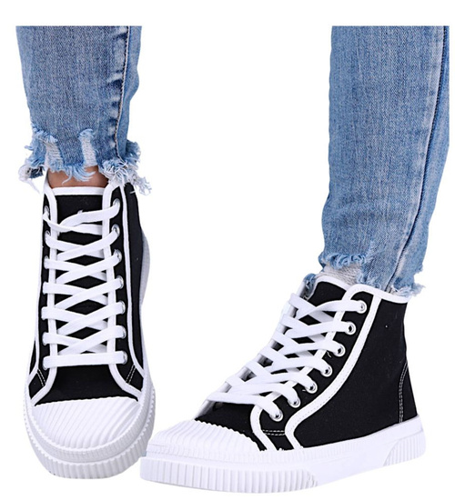 Czarne wysokie sznurowane trampki damskie /E6-1 15688 T134/