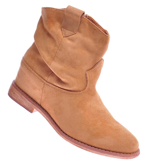 Zamszowe botki damskie na niskim koturnie Camel /F6-2 3961 T296/