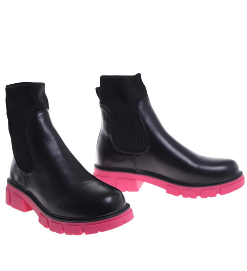 Czarno fuksjowe elastyczne dziewczęce botki ocieplane /B4-2 18340 T3/