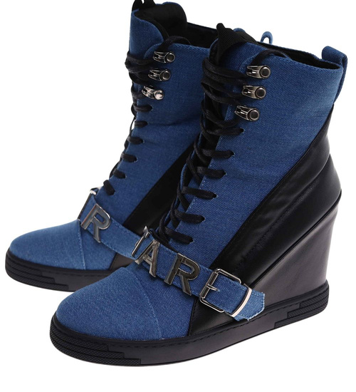 Sznurowane niebiesko czarne trampki sneakersy koturnie /F4-3 18049 T284/