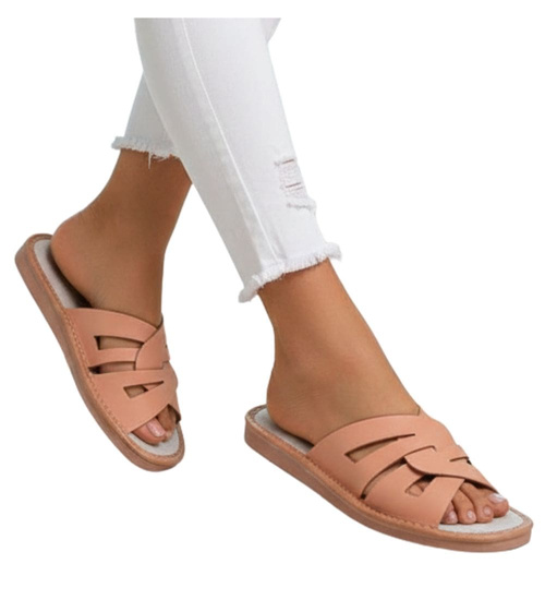 Beżowe klapki damskie z naturalnej skóry /E6-1 8453 S193/