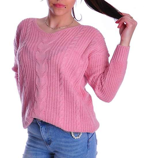 Oversizowy jasno różowy sweter damski z wzorem /G4-1 UB353 U107/ Oversizowy jasno różowy sweter damski z wzorem /G4-1 UB353 U107/